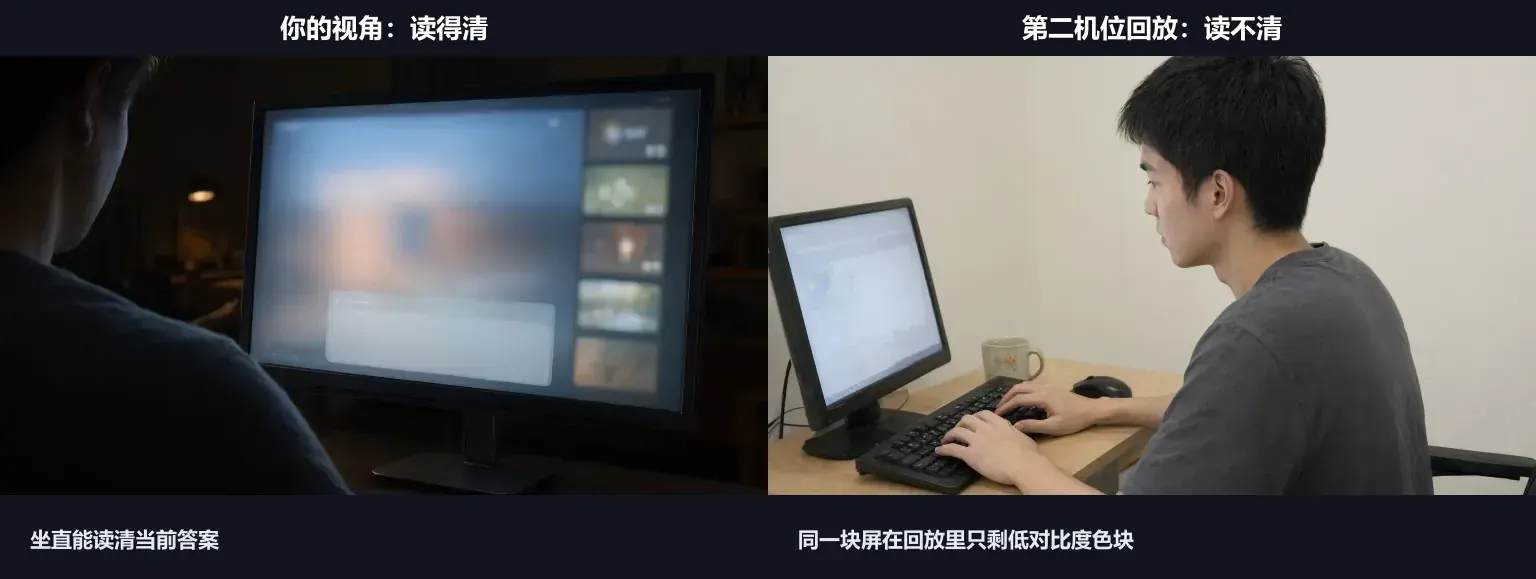 同一桌面的两种视角对比：左侧自己的视角能读清答案，右侧第二机位回放里答案读不清